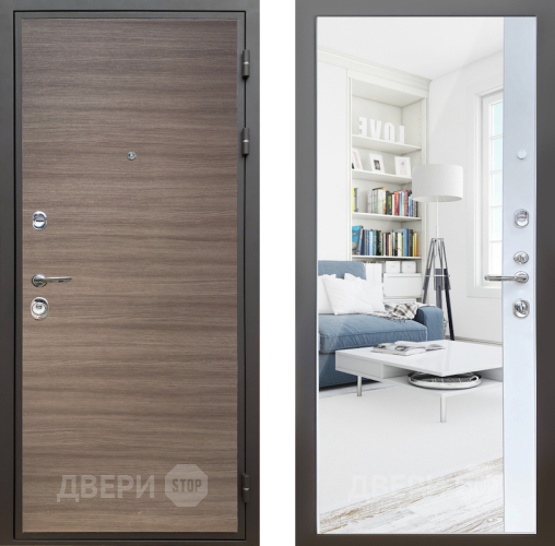 Входная металлическая Дверь Шелтер (SHELTER) Комфорт Дуб тоскано поперечный 14 с зеркалом Белый матовый в Одинцово