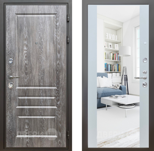 Входная металлическая Дверь Шелтер (SHELTER) Комфорт Дуб шале серебро 13 с зеркалом Белый матовый в Одинцово