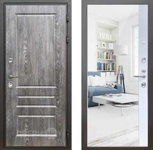 Входная металлическая Дверь Шелтер (SHELTER) Комфорт Дуб шале серебро 14 с зеркалом Белый матовый в Одинцово