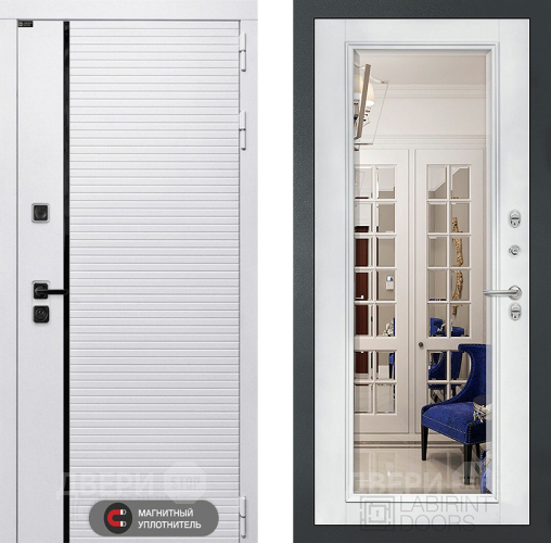 Дверь Лабиринт (LABIRINT) Royal Зеркало Фацет с багетом Белый софт в Одинцово