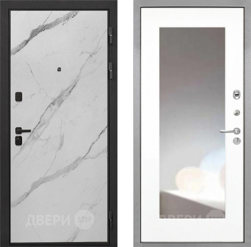 Входная металлическая Дверь Интекрон (INTECRON) Профит Black Мрамор Арктик ФЛЗ-120-М Зеркало Белый матовый в Одинцово
